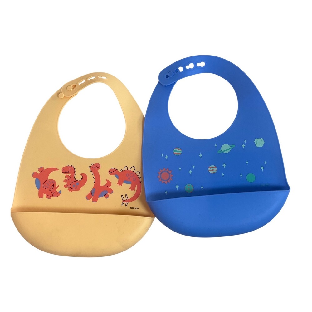 Nuby Silicone Baby Bibs 2 Pack Dinosaur Space Yellow Blue Adjustable Waterproof